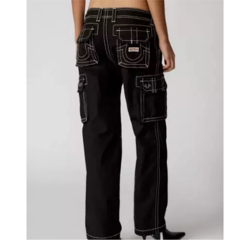 True Religion Jet Black Military Cargo Black Pants With White Stitching Size 26 - Picture 5 of 13